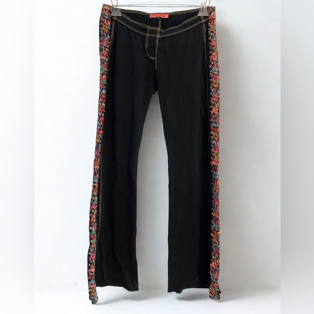 Vtg Y2K Tova Celine Designer Embroidered Wide Leg Pants Black Floral Large